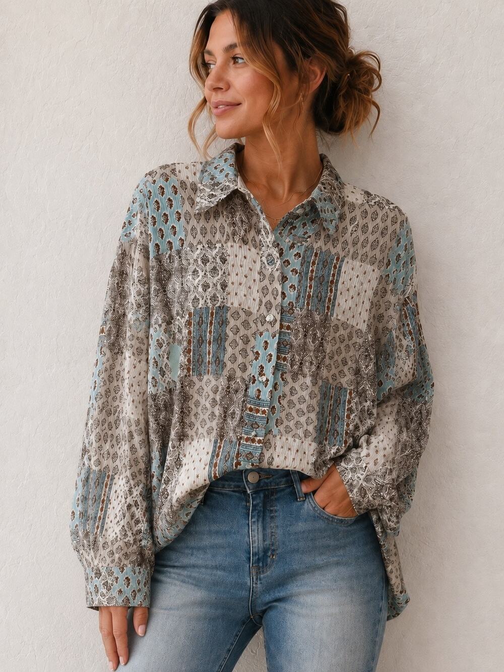 JACQUIE THE LABEL Patchwork Boho Button Up Shirt Cottagecore Western NWT Large